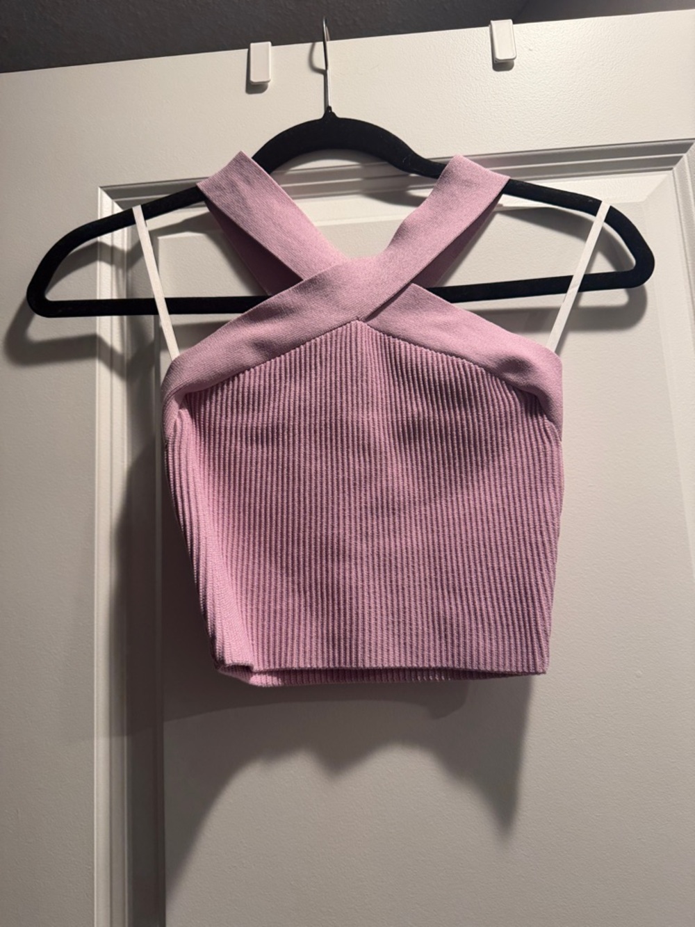 Women's Pink Ribbed Cross-Strap Crop Top